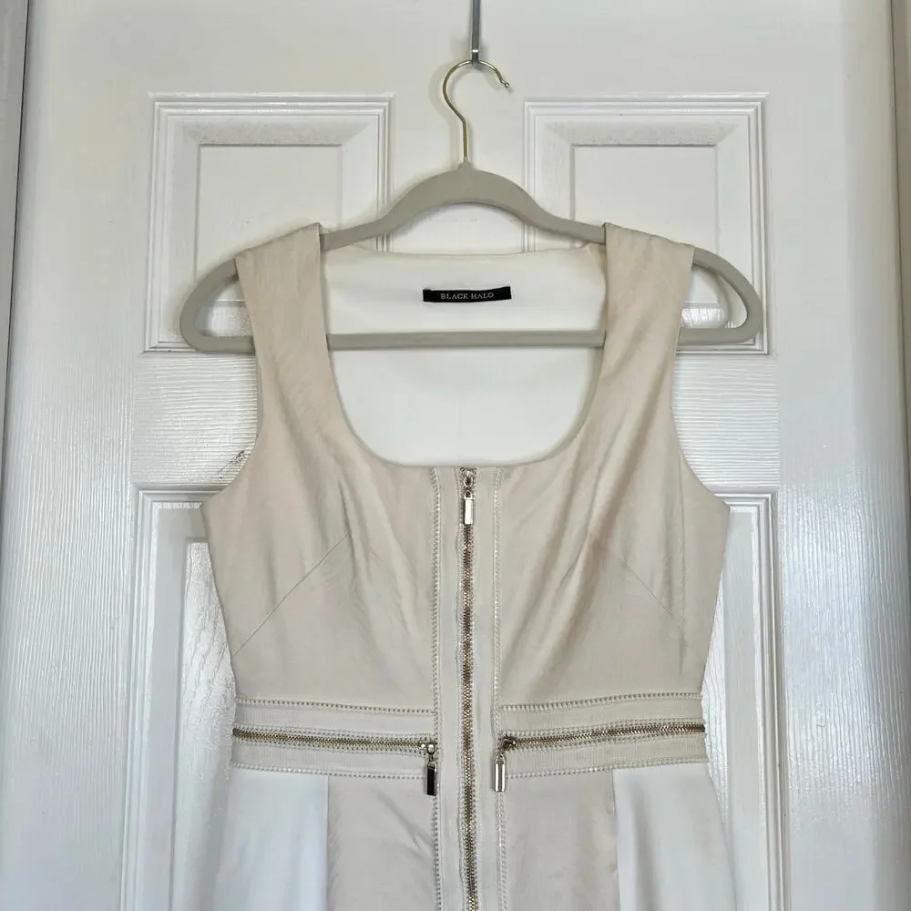 BLACK HALO Cream Sheath Dress Front Zipper Square Neck Office Party Size 4 - Picture 3 of 7